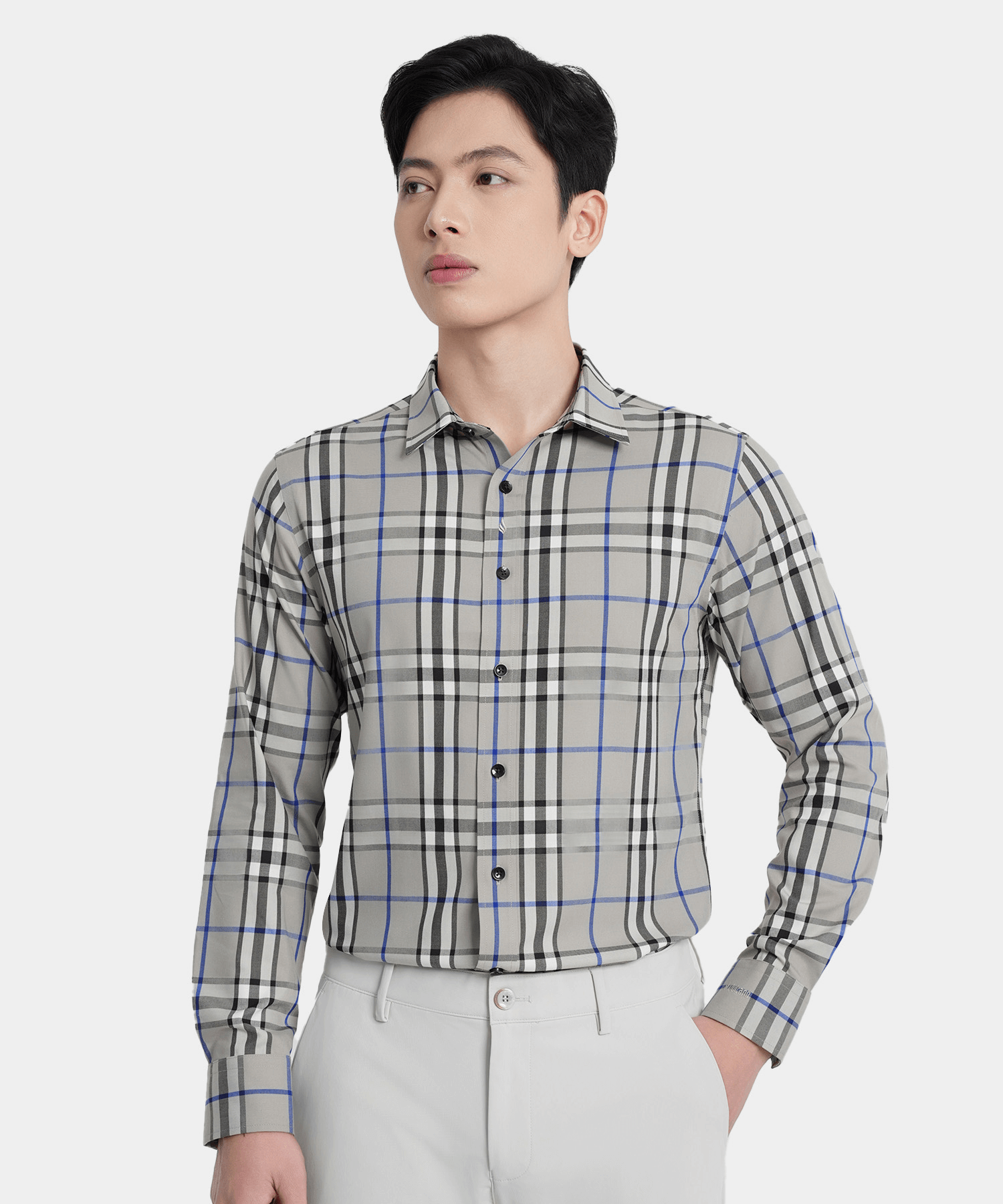 Áo Sơ Mi Dài Tay Nam Cao Cấp B16 - Màu Ghi Nhạt Kẻ Caro