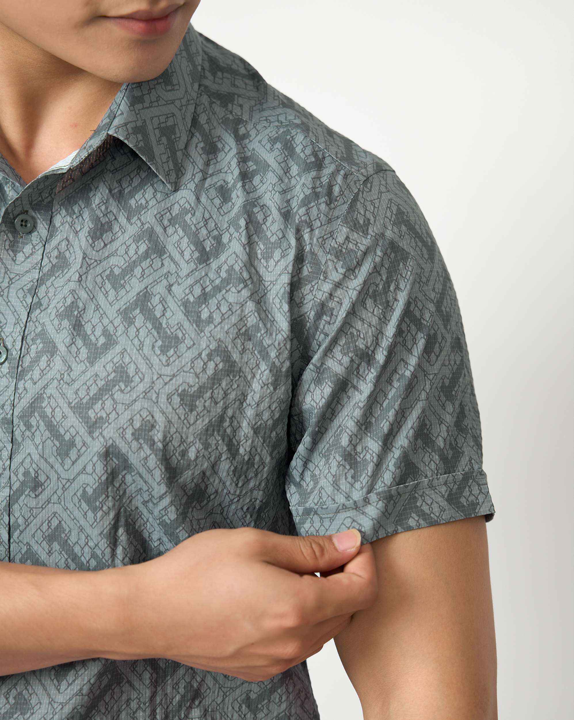 Áo Sơ Mi Ngắn Tay Nam Cao Cấp 5036 - Màu Xám Xanh Hoạ Tiết Monogram