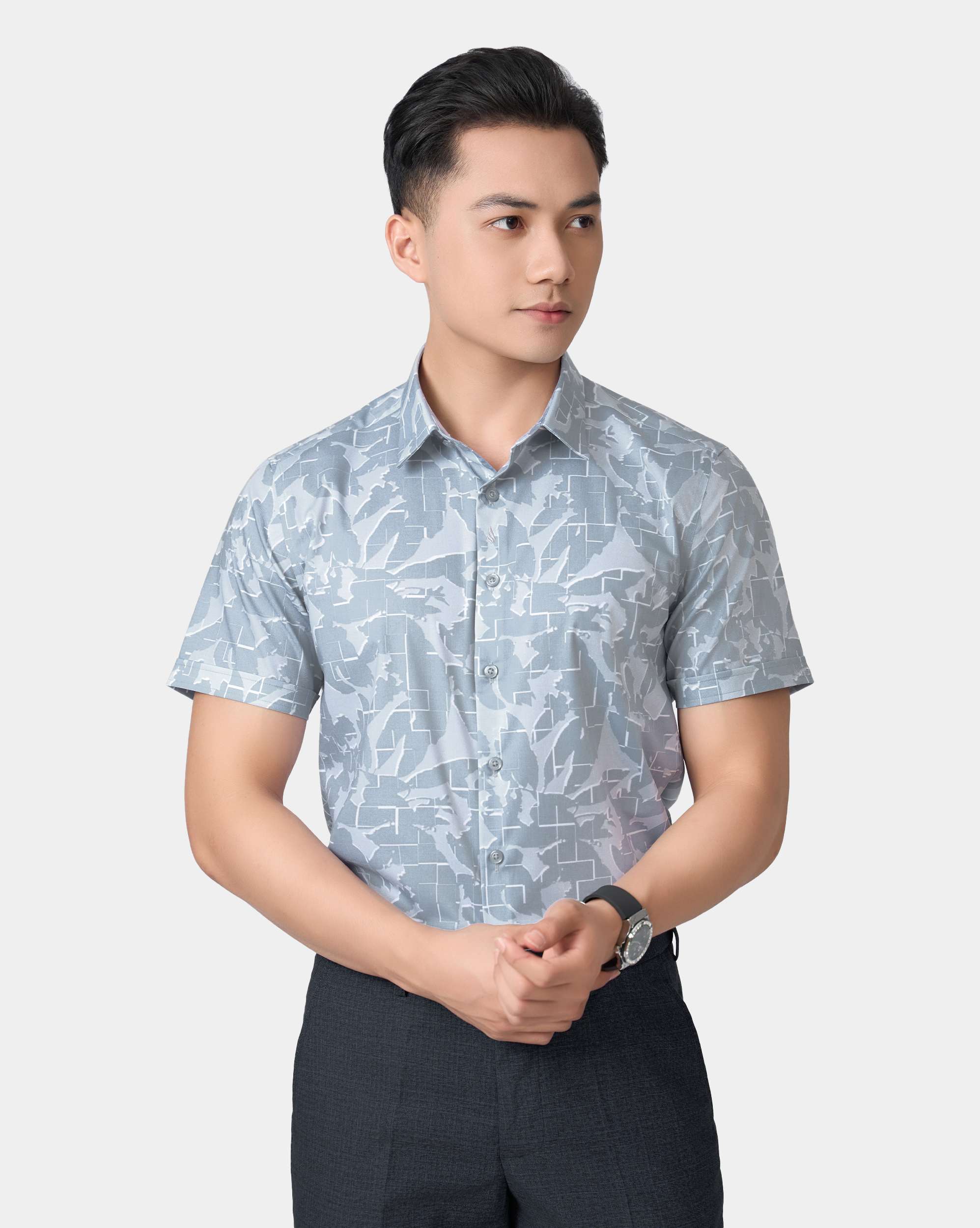 Áo Sơ Mi Ngắn Tay Nam Cao Cấp 5034 - Màu Ghi Hoạ Tiết Camo