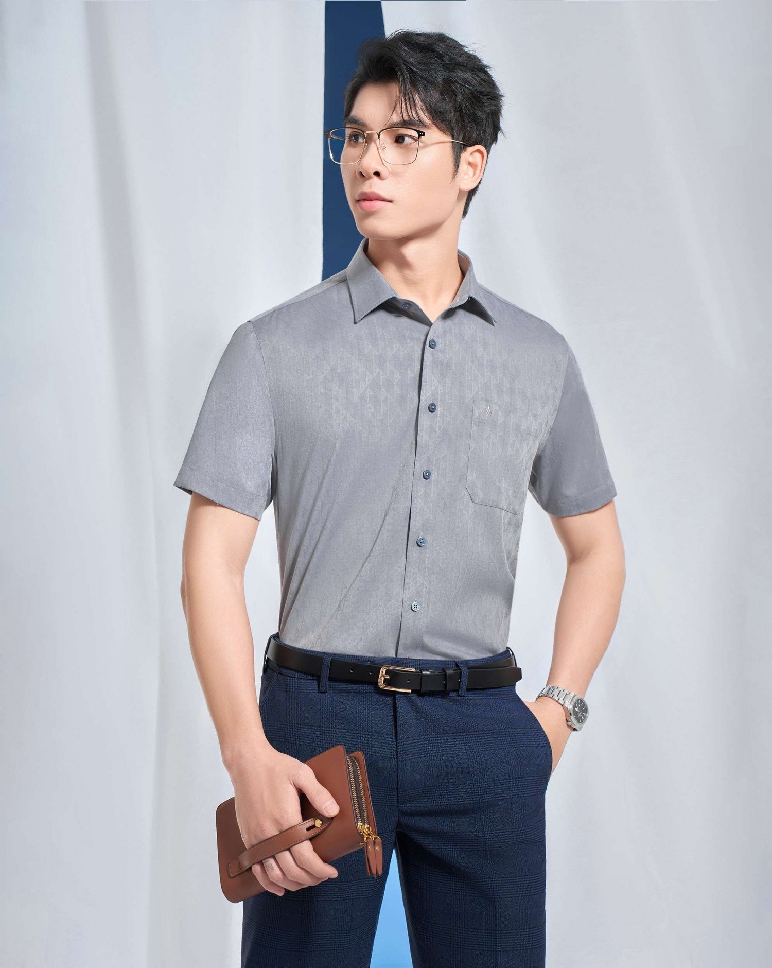 Áo Sơ Mi Ngắn Tay Nam Cao Cấp 5015A - Màu Xám Họa Tiết Chìm