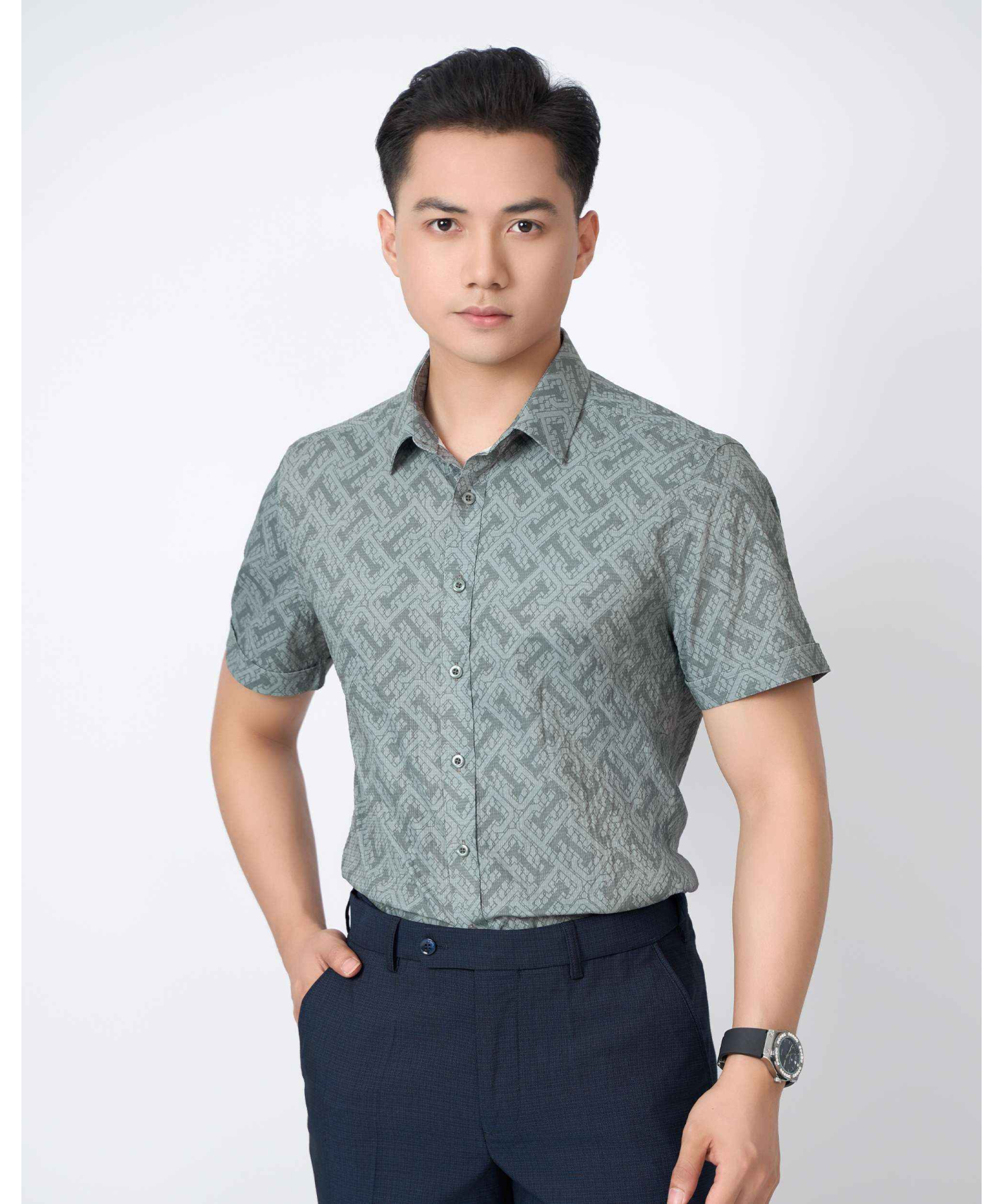 Áo Sơ Mi Ngắn Tay Hoạ Tiết 5036 - Ghi