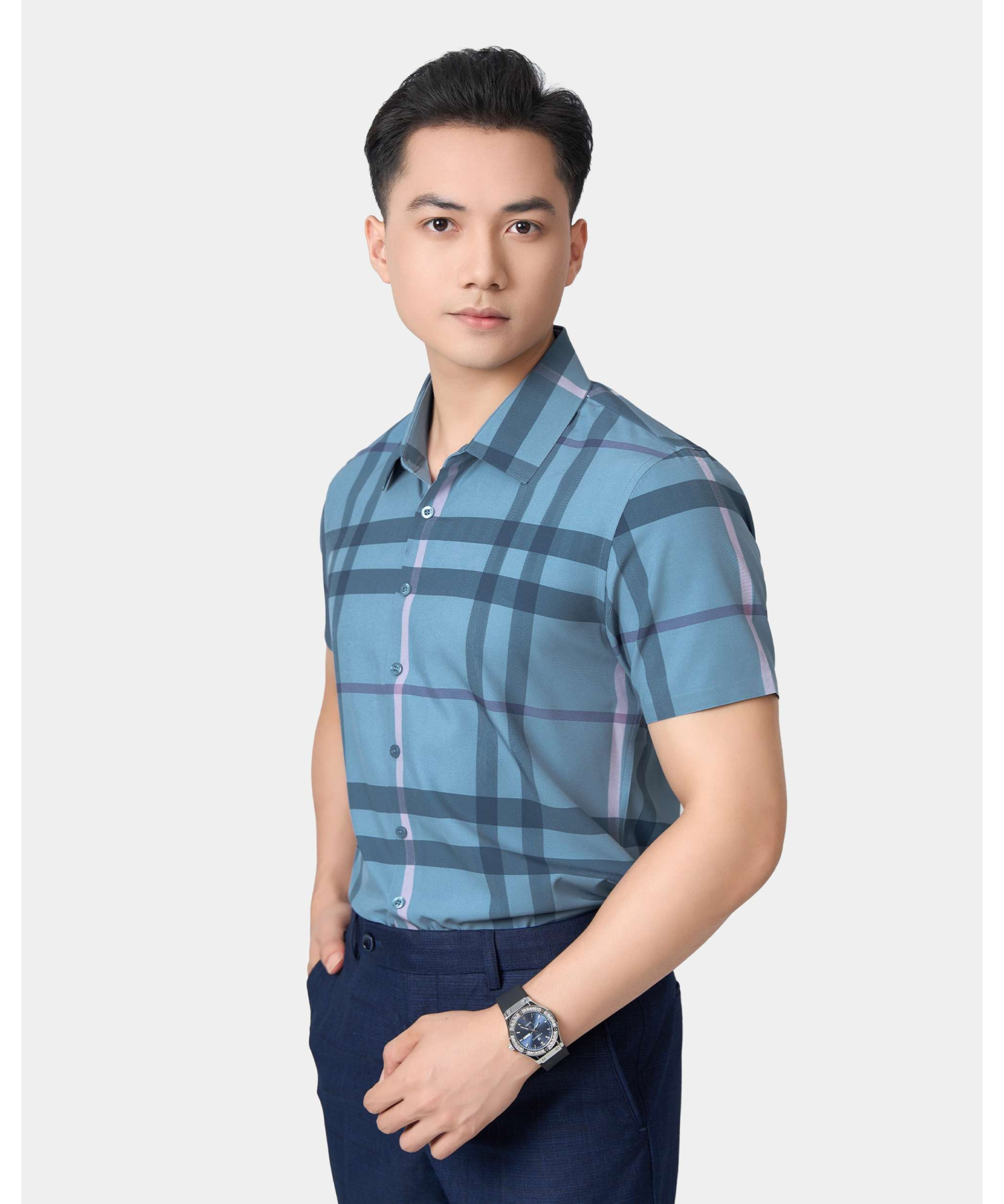 Áo Sơ Mi Ngắn Tay Nam Họa Tiết Kẻ 5021 - Xanh