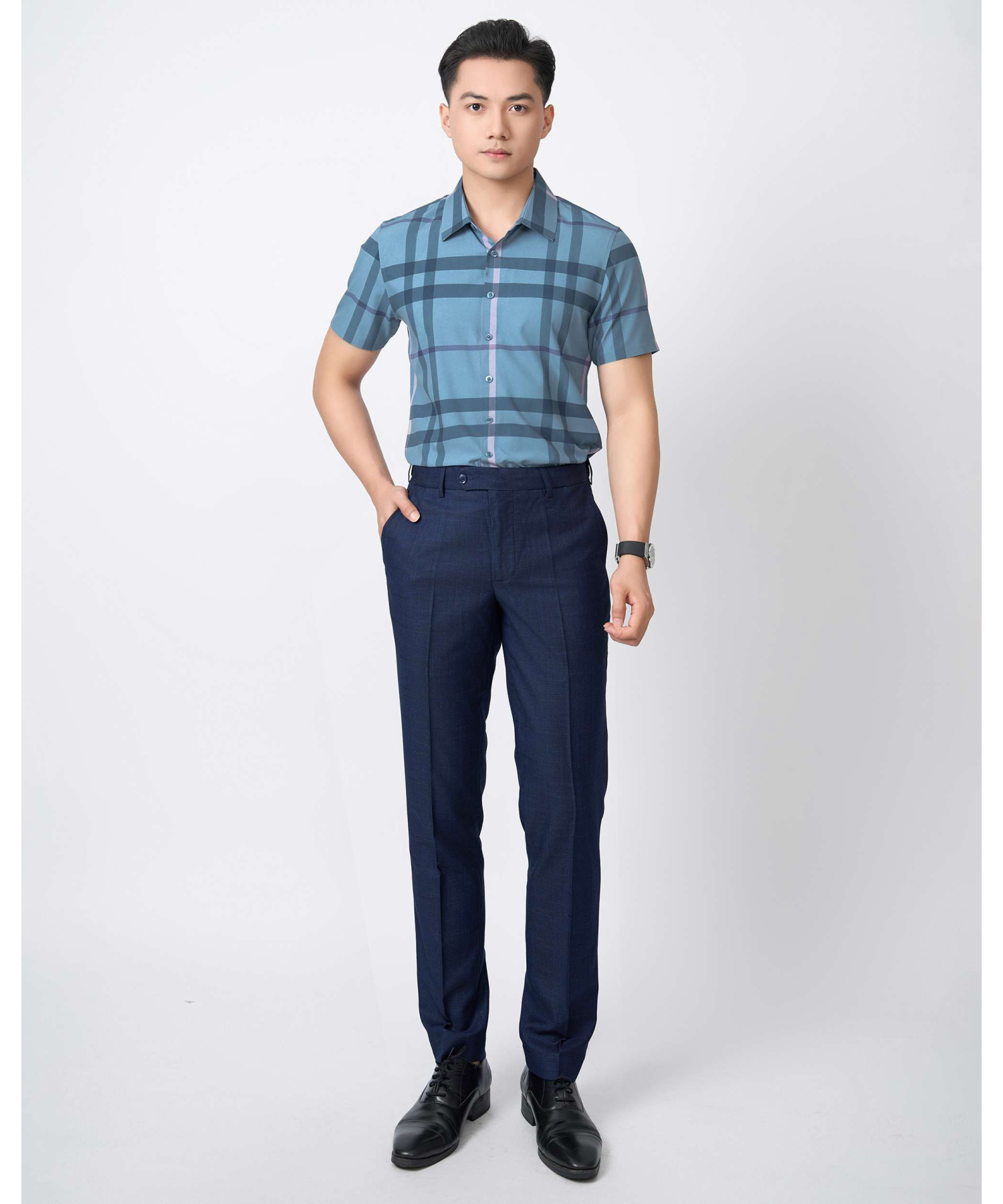 Áo Sơ Mi Ngắn Tay Nam Họa Tiết Kẻ 5021 - Xanh