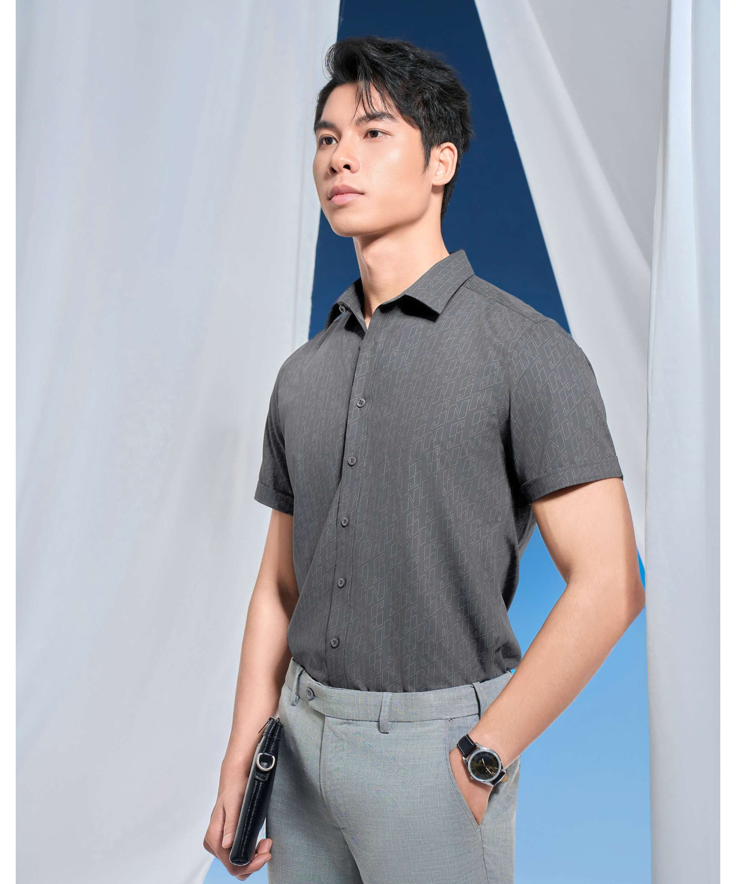 Áo Sơ Mi Ngắn Tay Nam Họa Tiết 5031 - Ghi