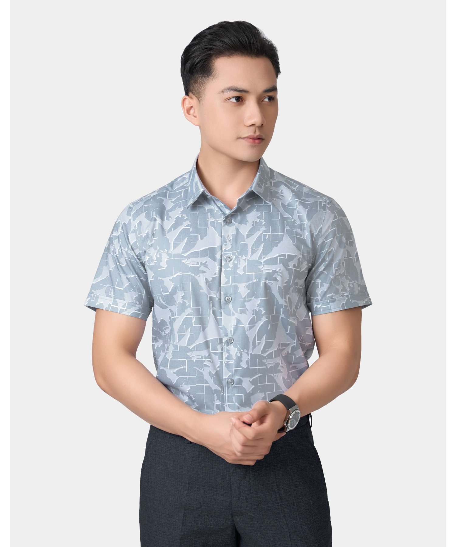 Áo Sơ Mi Ngắn Tay Nam Hoạ Tiết 5034 - Ghi