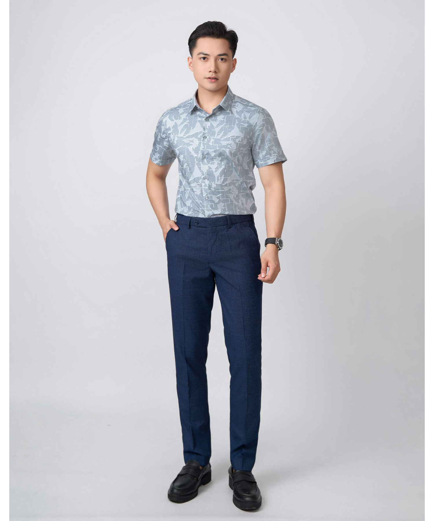 Áo Sơ Mi Ngắn Tay Nam Hoạ Tiết 5034 - Ghi