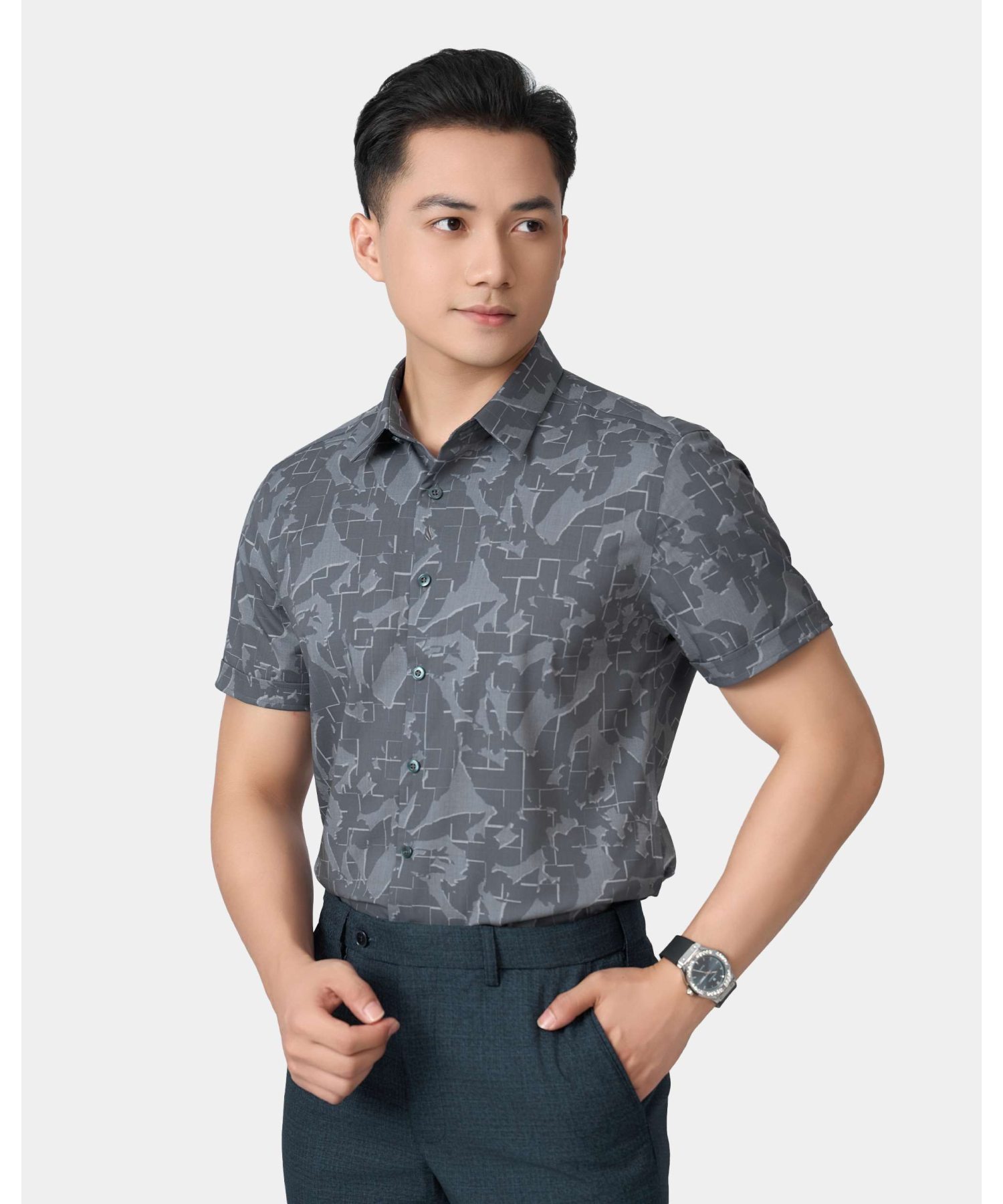 Áo Sơ Mi Ngắn Tay Nam Hoạ Tiết 5034 - Ghi Đậm