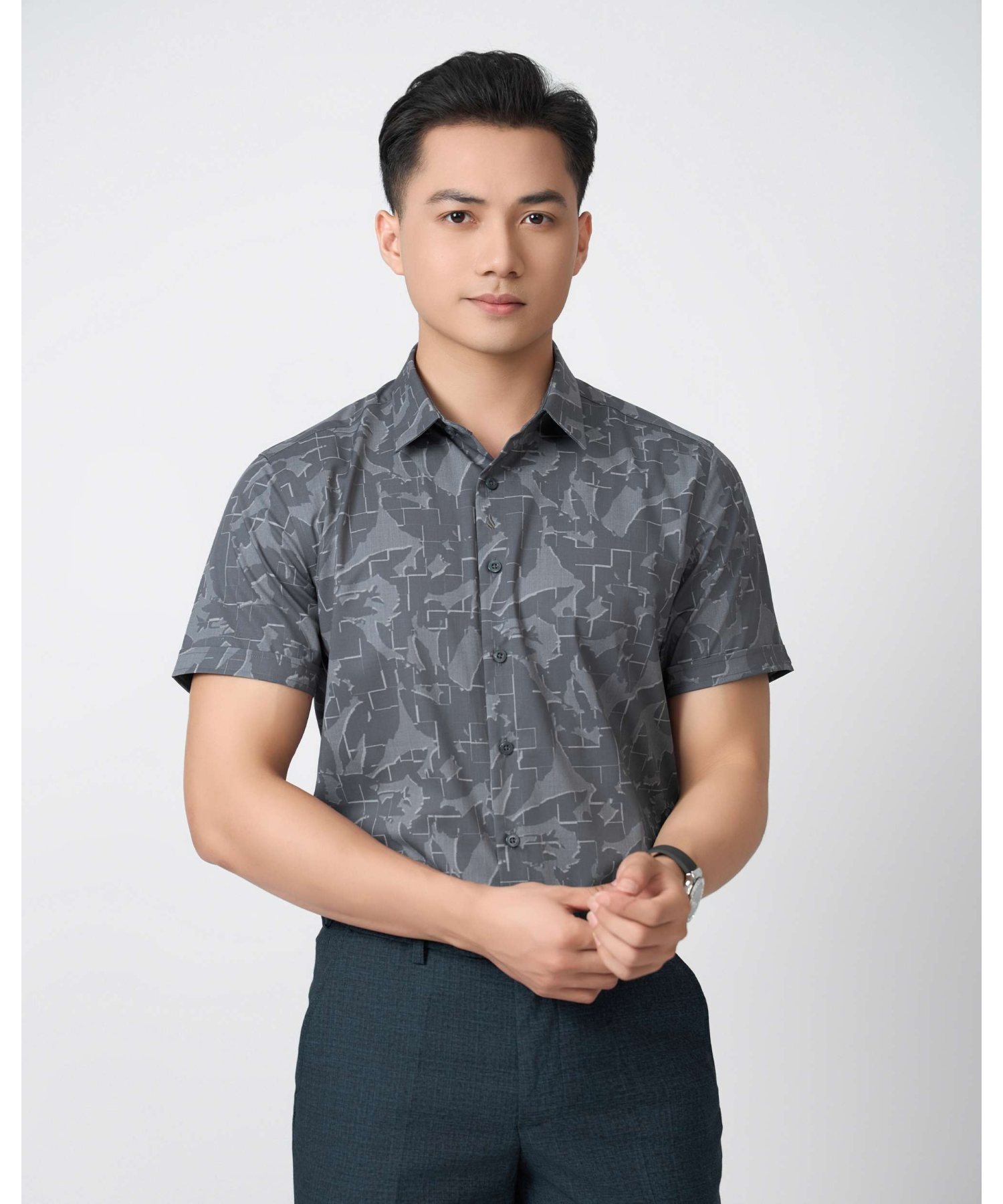 Áo Sơ Mi Ngắn Tay Nam Hoạ Tiết 5034 - Ghi Đậm