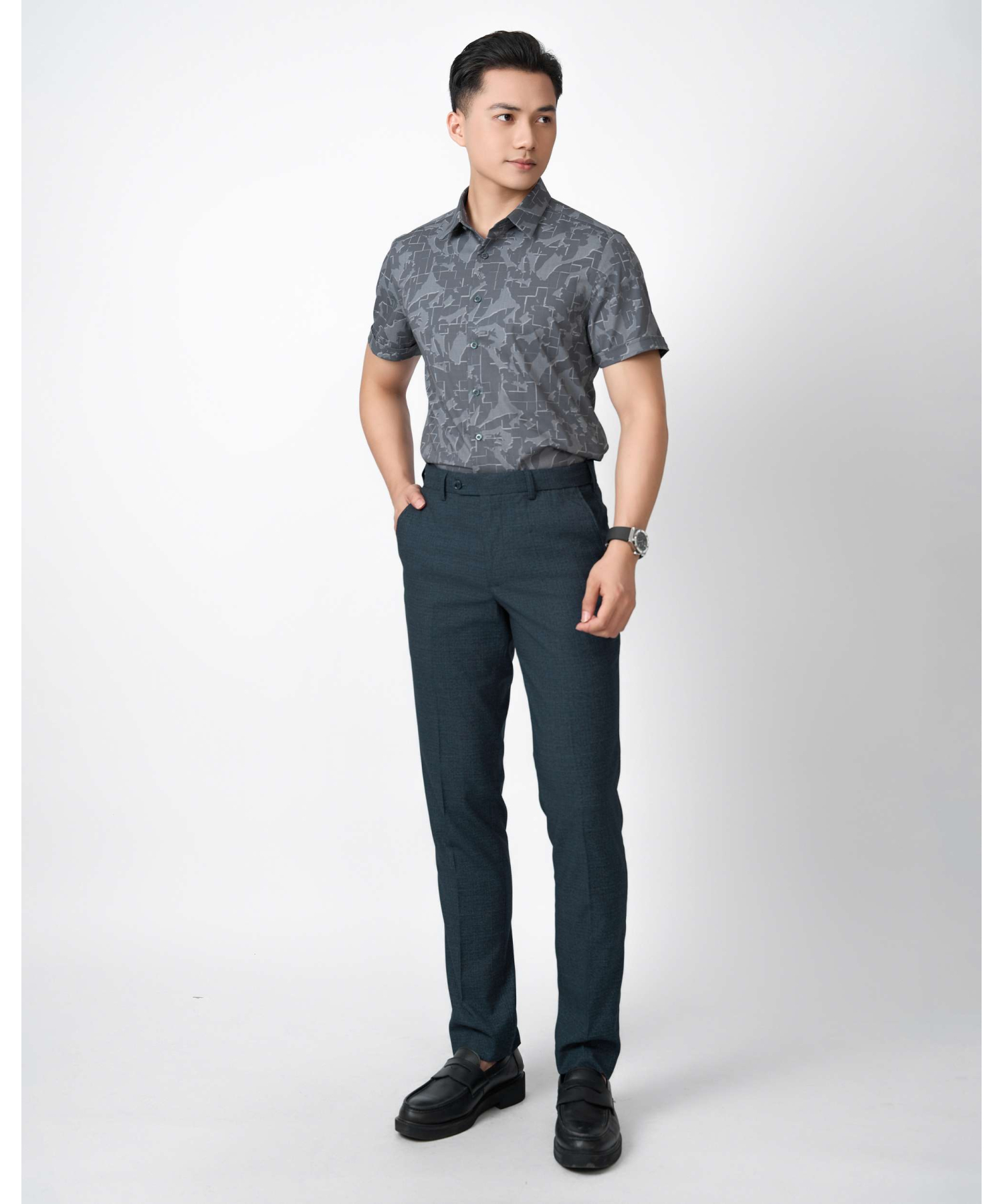 Áo Sơ Mi Ngắn Tay Nam Hoạ Tiết 5034 - Ghi Đậm
