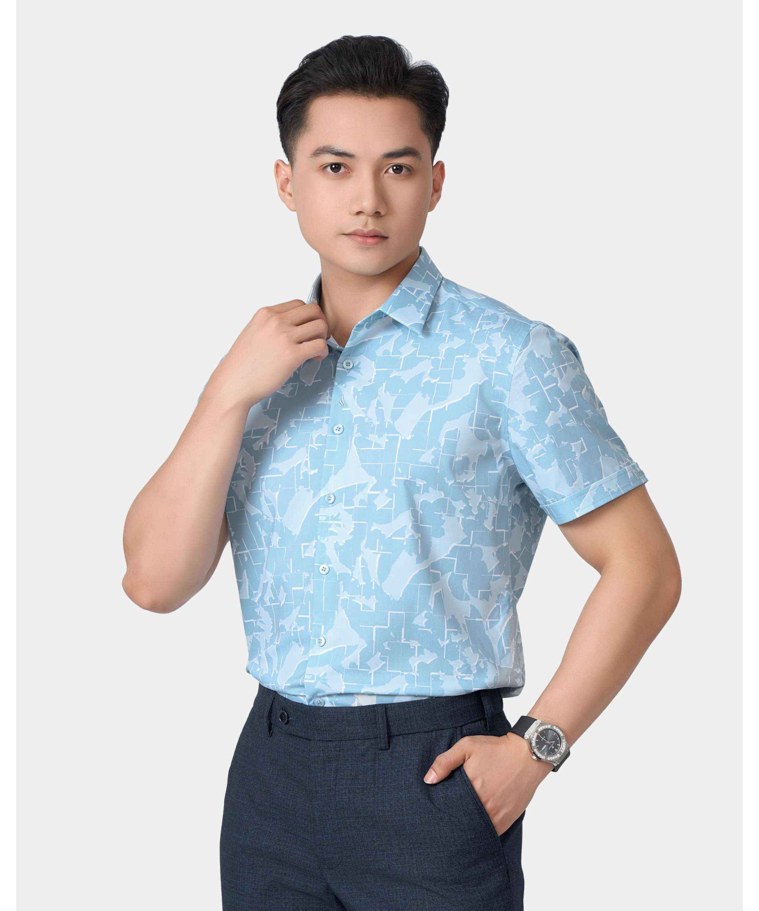 Áo Sơ Mi Ngắn Tay Nam Hoạ Tiết 5034 - Xanh Da Trời