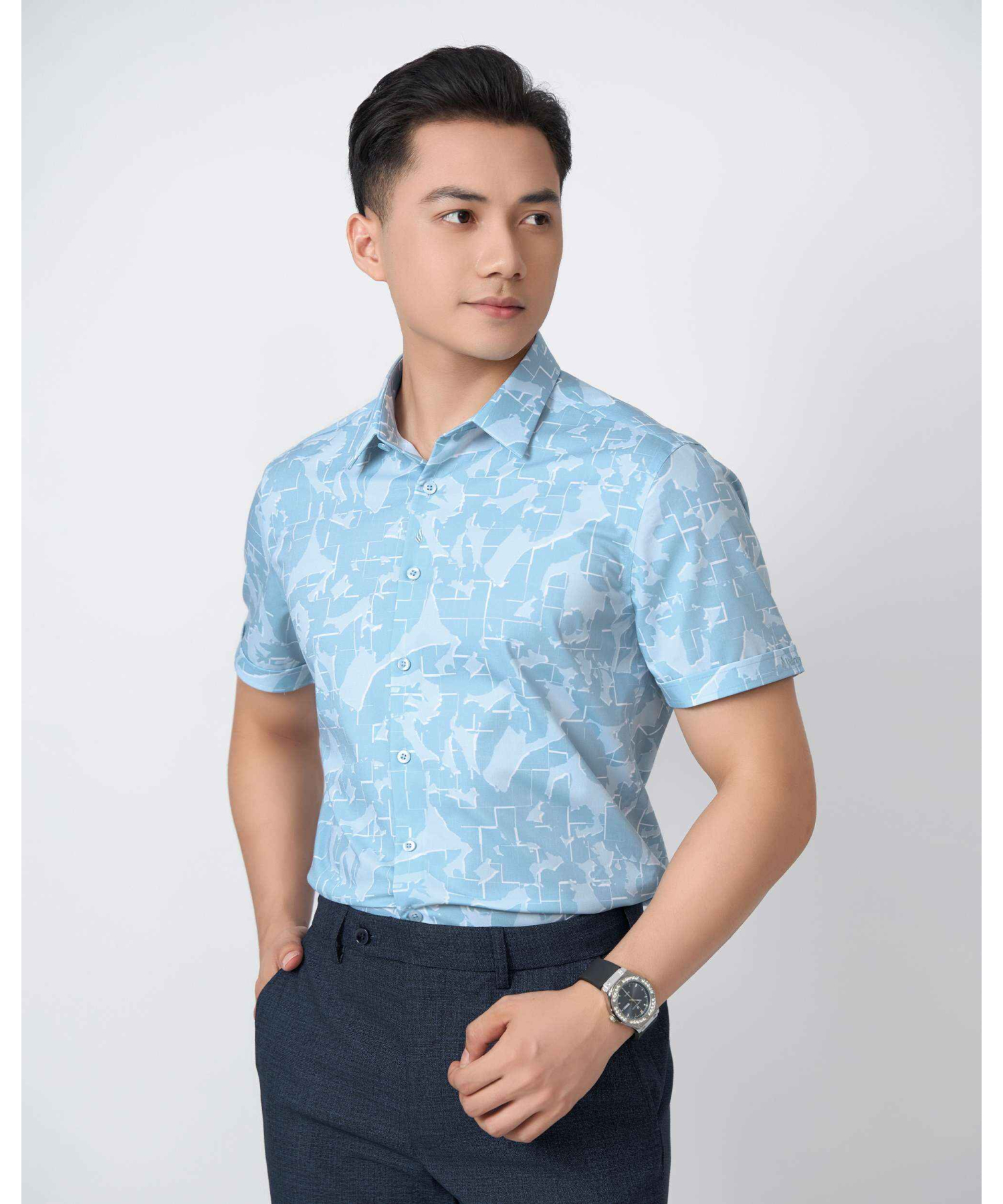 Áo Sơ Mi Ngắn Tay Nam Hoạ Tiết 5034 - Xanh Da Trời