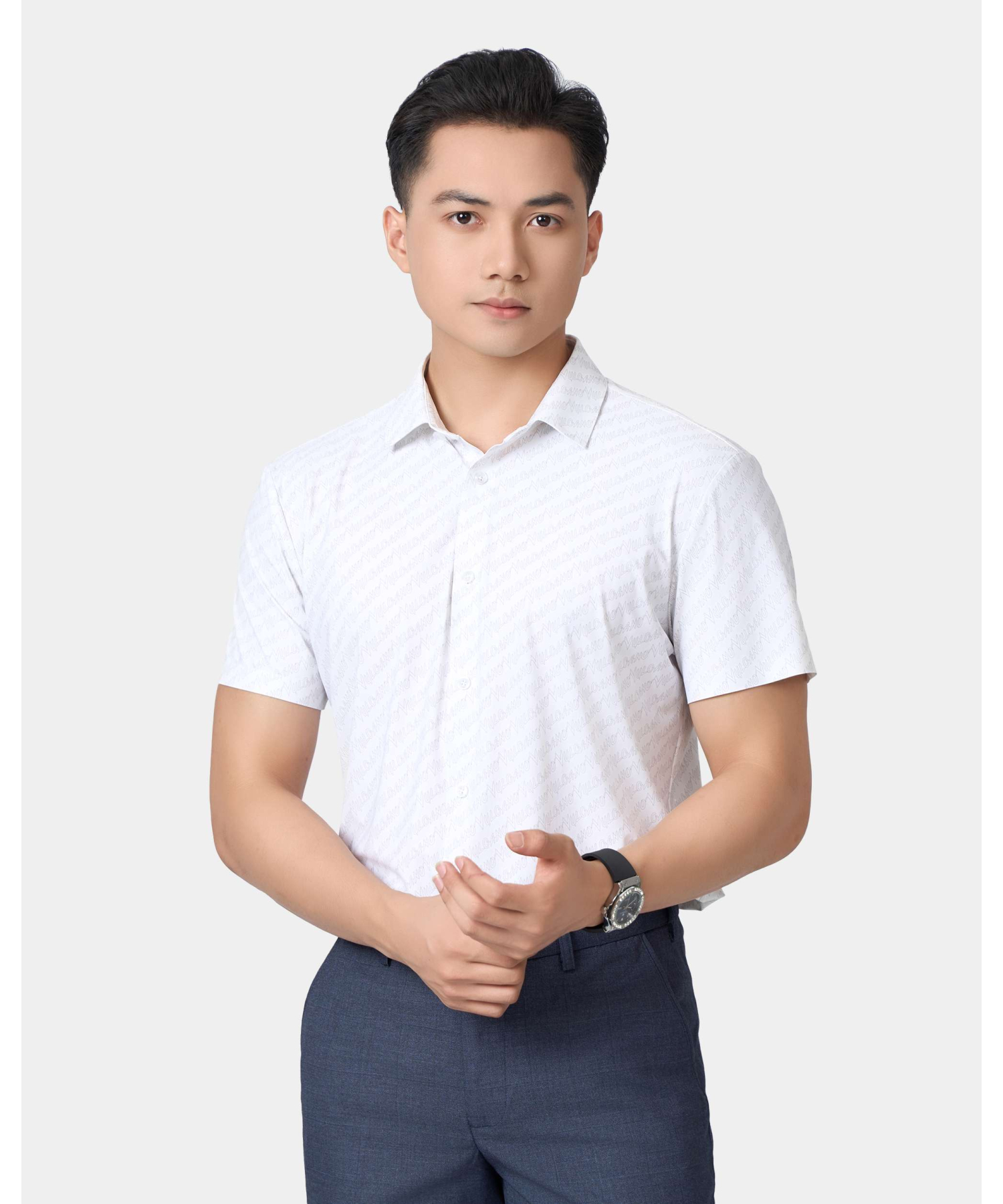 Áo Sơ Mi Ngắn Tay Nam Màu Trắng In Chữ Vulcano 5024A