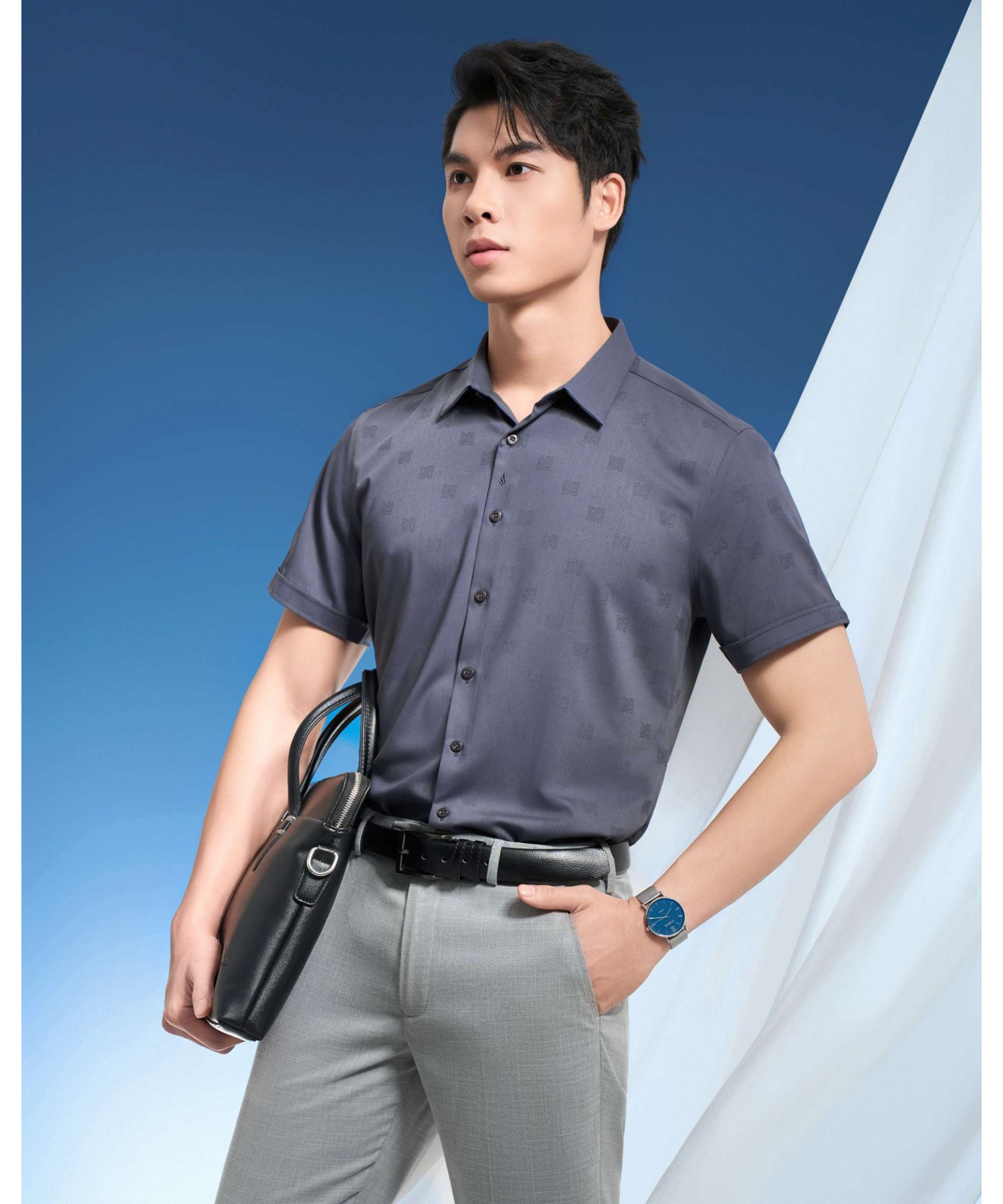 Áo Sơ Mi Ngắn Tay Nam Dệt Họa Tiết 5020 - Xám Đậm