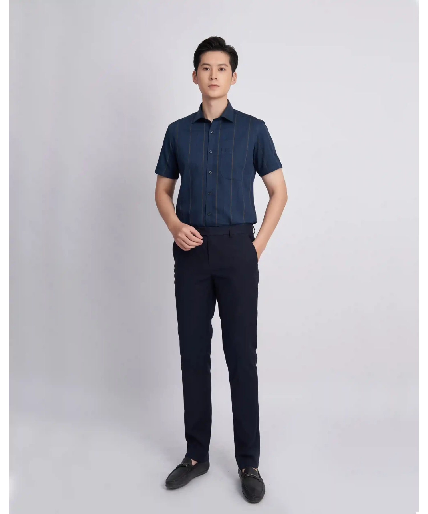 Áo Sơ Mi Ngắn Tay Nam Họa Tiết Kẻ Dọc 3011 - Xanh Tím Than