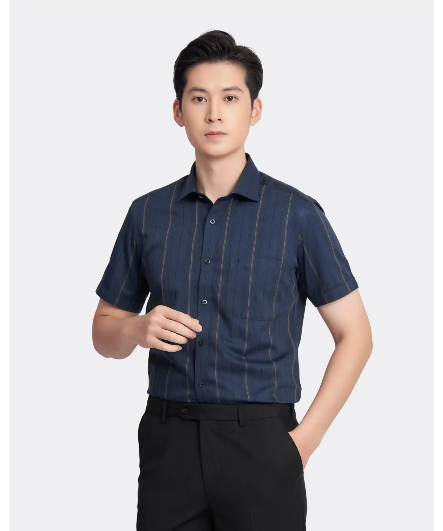 Áo Sơ Mi Ngắn Tay Nam Họa Tiết Kẻ Dọc 3011 - Xanh Tím Than