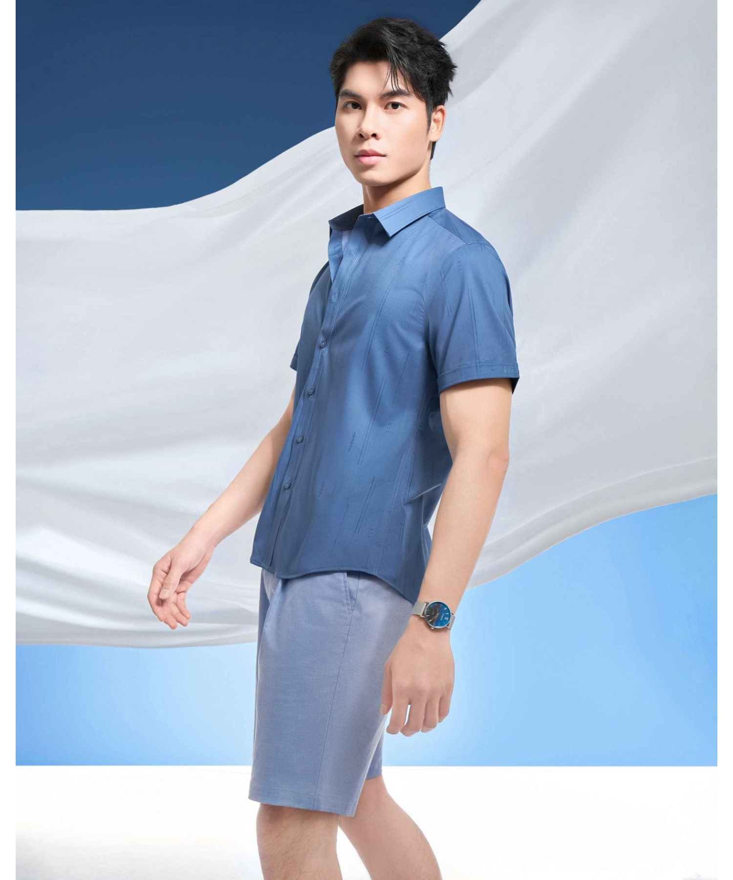 Áo Sơ Mi Ngắn Tay Nam In Họa Tiết 5016 - Xanh Đậm