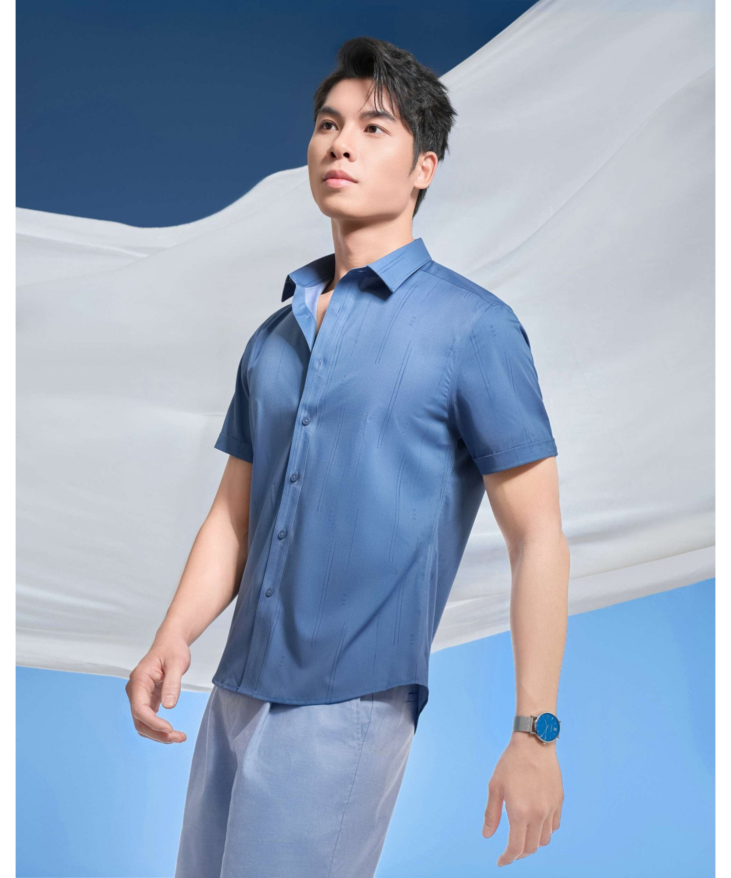 Áo Sơ Mi Ngắn Tay Nam In Họa Tiết 5016 - Xanh Đậm