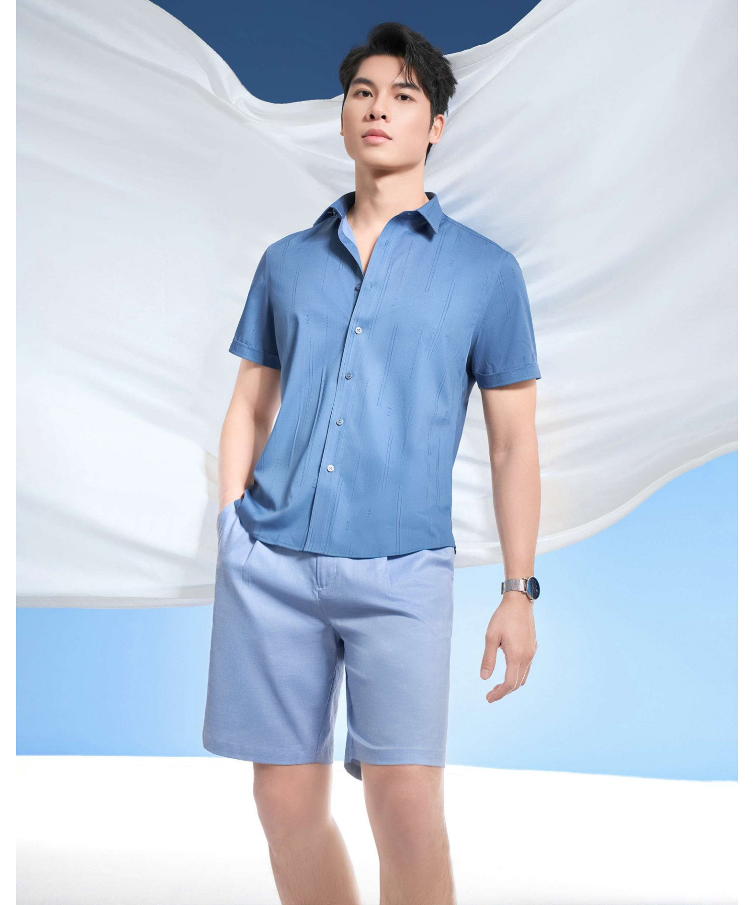 Áo Sơ Mi Ngắn Tay Nam In Họa Tiết 5016 - Xanh Đậm
