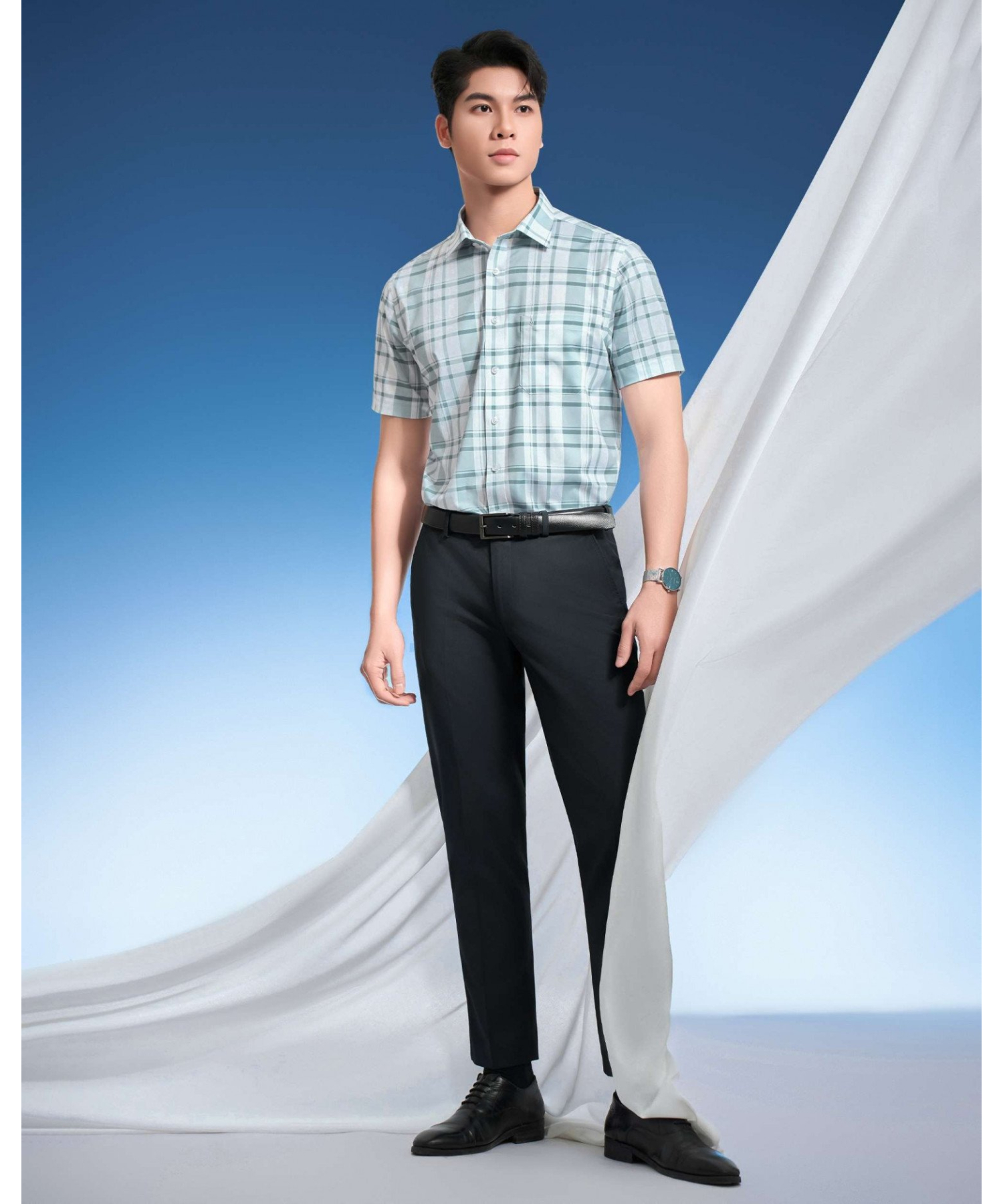 Áo Sơ Mi Ngắn Tay Nam Kẻ Ô 5017 - Xanh Nhạt