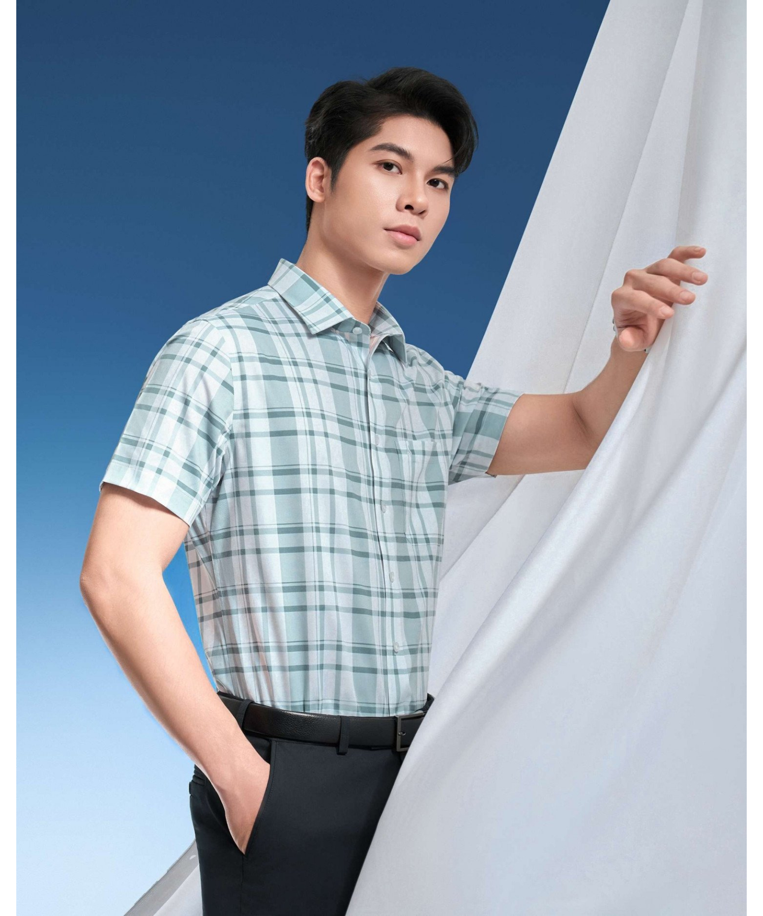 Áo Sơ Mi Ngắn Tay Nam Kẻ Ô 5017 - Xanh Nhạt