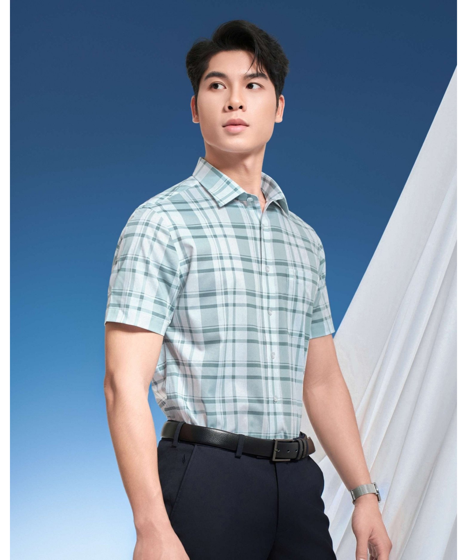 Áo Sơ Mi Ngắn Tay Nam Kẻ Ô 5017 - Xanh Nhạt