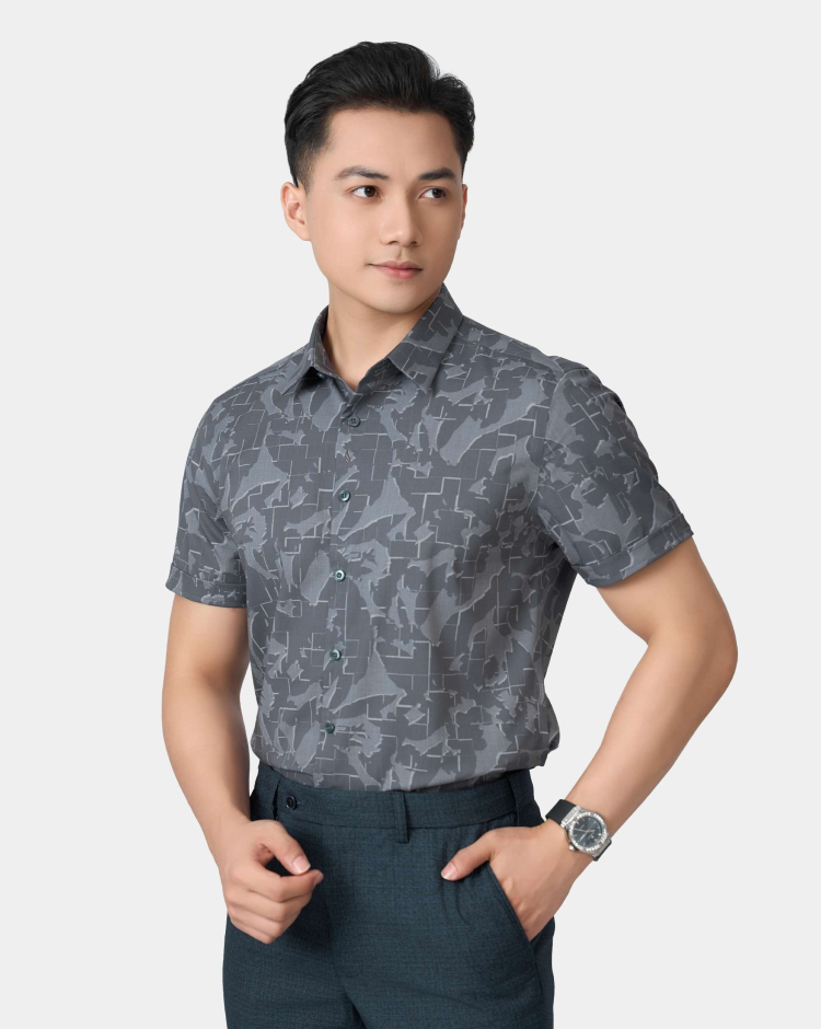 Áo Sơ Mi Ngắn Tay Nam Hoạ Tiết 5034 - Ghi Đậm