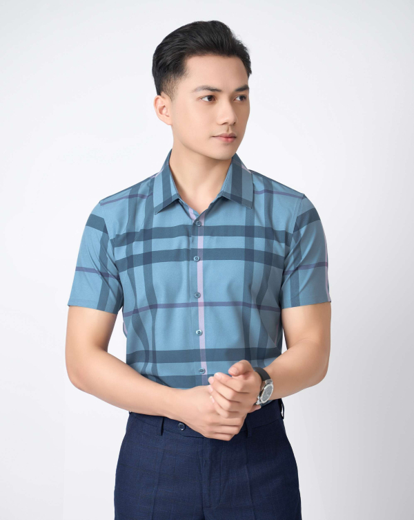 Áo Sơ Mi Ngắn Tay Nam Họa Tiết Kẻ 5021A Xanh