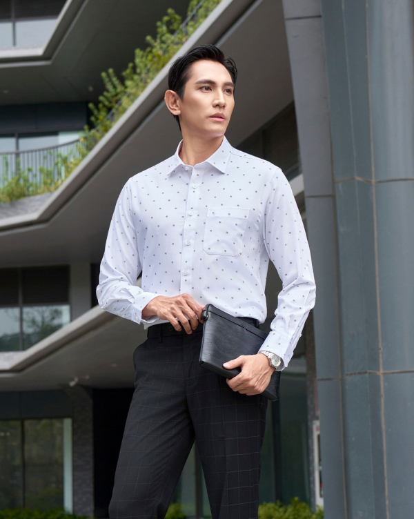 Áo Sơ Mi Dài Tay Nam Họa Tiết 4044 Trắng