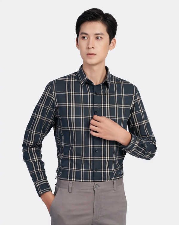 Áo Sơ Mi Dài Tay Nam Kẻ 3010 Xanh Tím Than