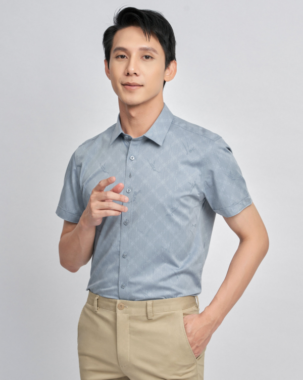 Áo Sơ Mi Ngắn Tay In Họa Tiết Ô Trám 2012 Xanh Nhạt
