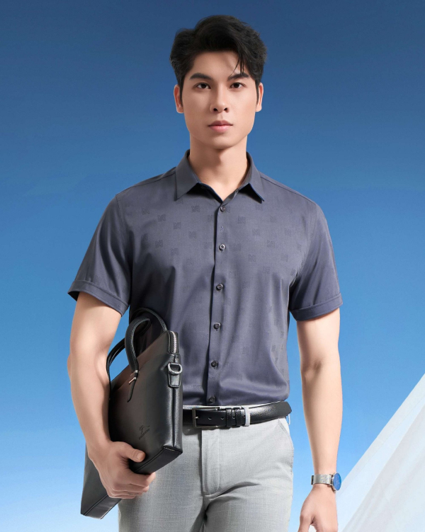 Áo Sơ Mi Ngắn Tay Nam Dệt Họa Tiết 5020 Xám Đậm