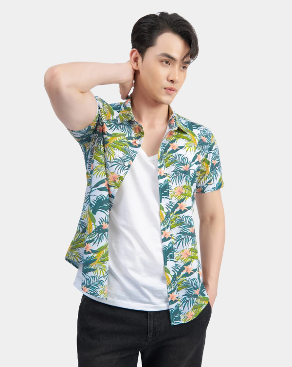 Áo Sơ Mi Ngắn Tay Nam Đi Biển Họa Tiết 3028D Xanh Lá Cây