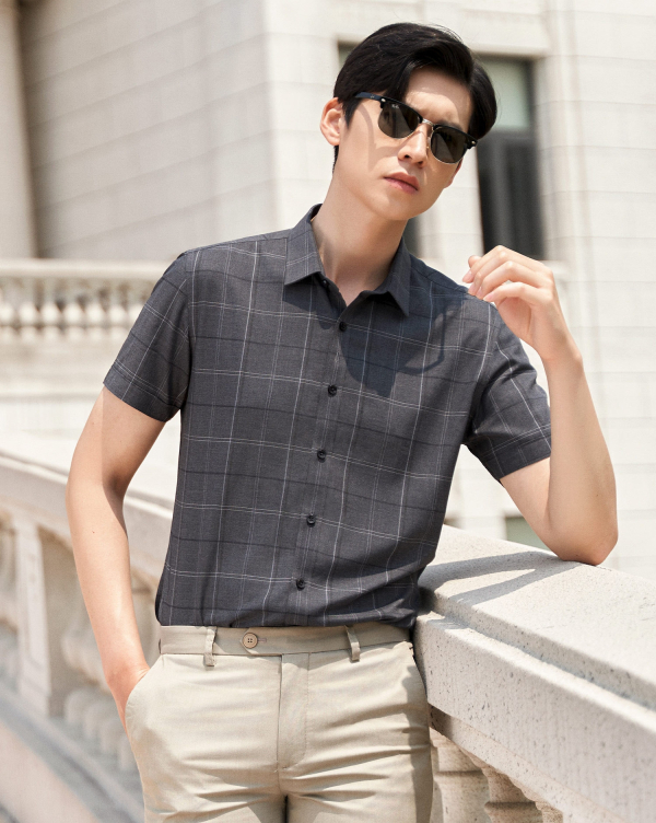 Áo Sơ Mi Ngắn Tay Nam Họa Tiết Kẻ 2049 Xám