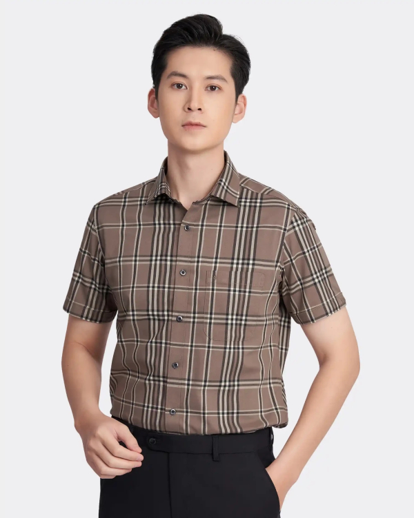 Áo Sơ Mi Ngắn Tay Nam Họa Tiết Kẻ 3010A Nâu