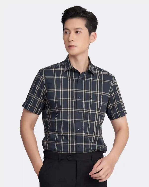 Áo Sơ Mi Ngắn Tay Nam Họa Tiết Kẻ 3010C Xanh