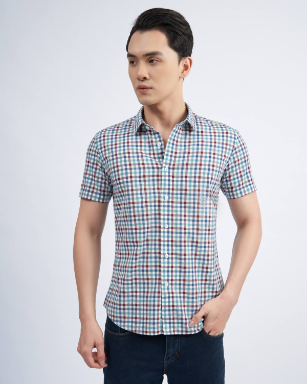 Áo Sơ Mi Ngắn Tay Nam Họa Tiết Kẻ 3021A Xanh Lá Cây