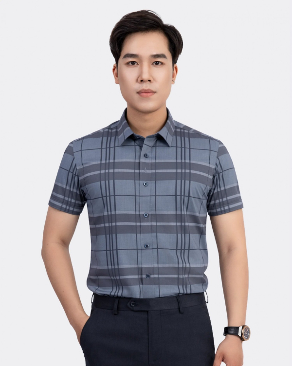 Áo Sơ Mi Ngắn Tay Nam Họa Tiết Kẻ 3029C Xám