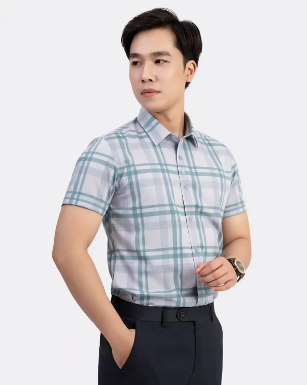Áo Sơ Mi Ngắn Tay Nam Họa Tiết Kẻ 3033A Xanh