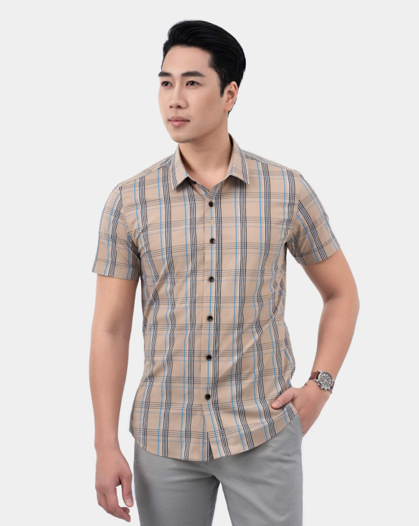 Áo Sơ Mi Ngắn Tay Nam Họa Tiết Kẻ 4021C Vàng