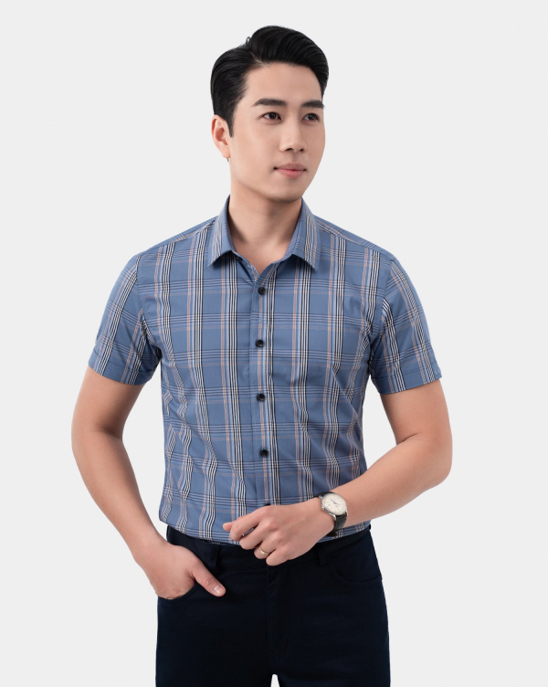 Áo Sơ Mi Ngắn Tay Nam Họa Tiết Kẻ 4021A Xanh