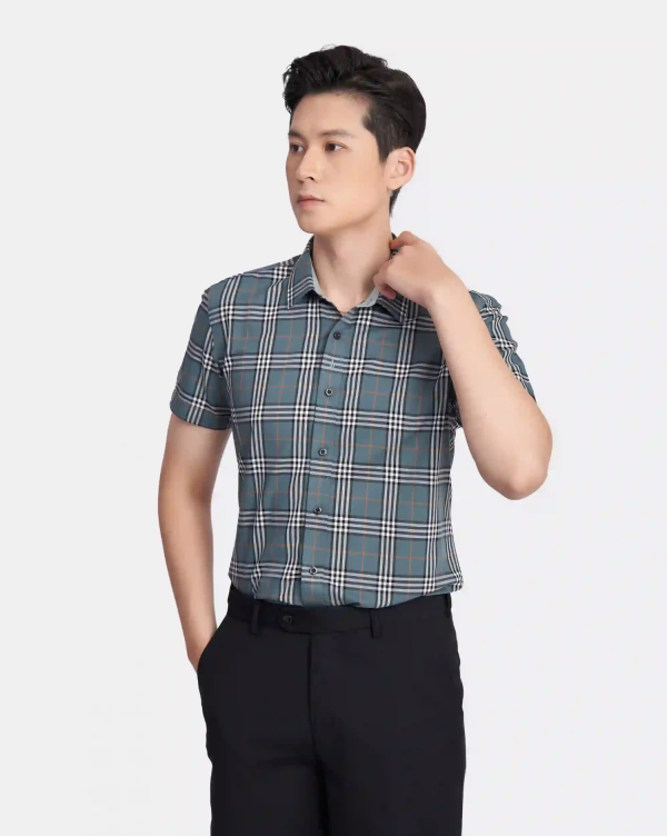 Áo Sơ Mi Ngắn Tay Nam Họa Tiết Kẻ Ô 3015C Xanh Lá Cây