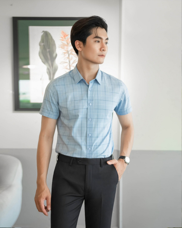Áo Sơ Mi Ngắn Tay Nam Kẻ Caro 4023A Xanh Da Trời