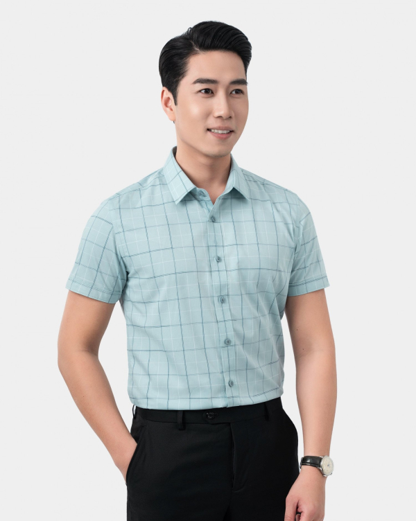 Áo Sơ Mi Ngắn Tay Nam Kẻ Caro 4023C Xanh Lá Cây