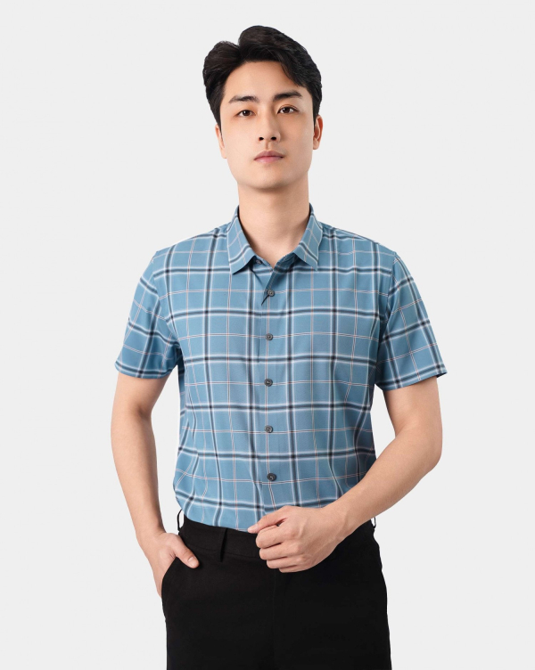 Áo Sơ Mi Ngắn Tay Nam Kẻ Ô 4047E Xanh Da Trời
