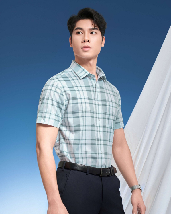Áo Sơ Mi Ngắn Tay Nam Kẻ Ô 5017 Xanh Nhạt