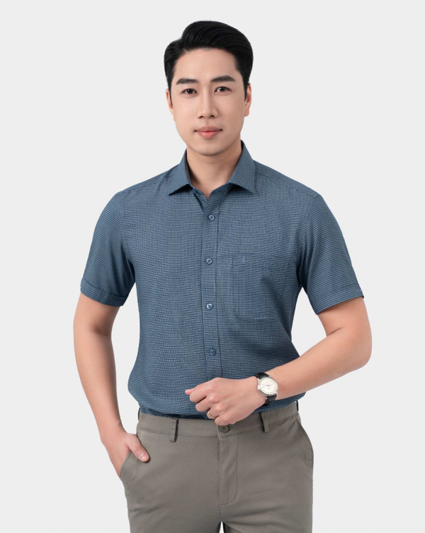Áo Sơ Mi Ngắn Tay Nam Kẻ Ô Nhỏ 4026A Xanh Đậm