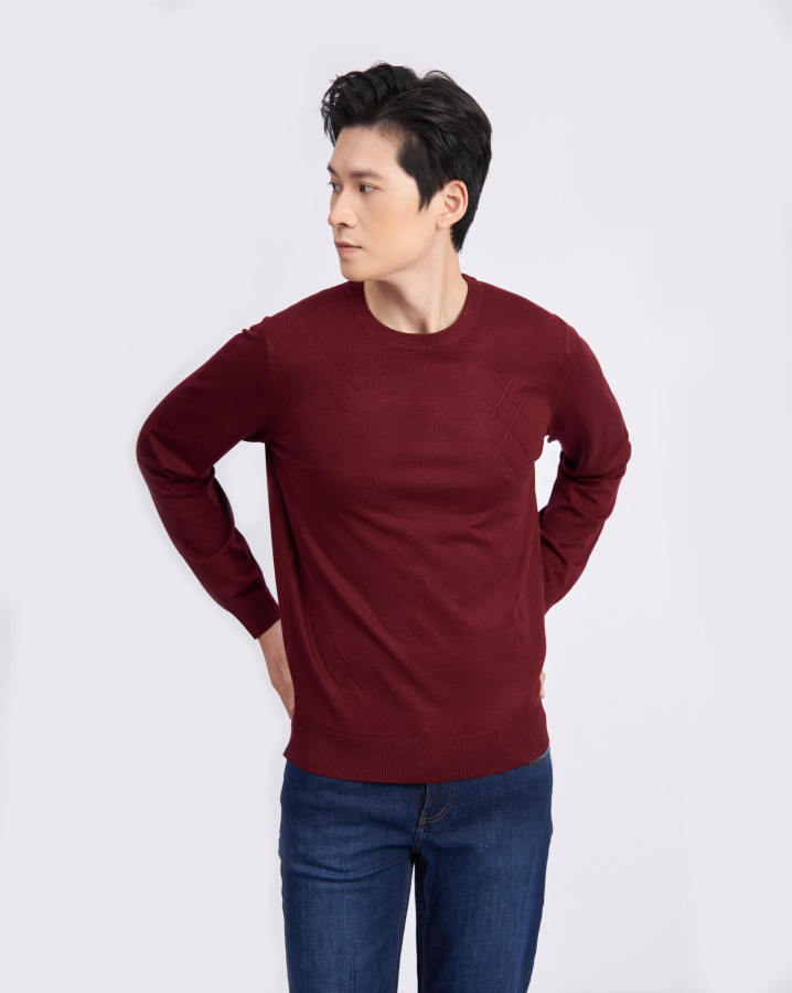 Áo Len Nam Cotton Họa Tiết 2001 - Đỏ Đô