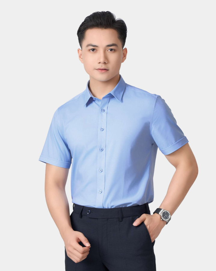 Áo Sơ Mi Ngắn Tay Nam Trơn 5019 Xanh Da Trời - Xanh Nhạt