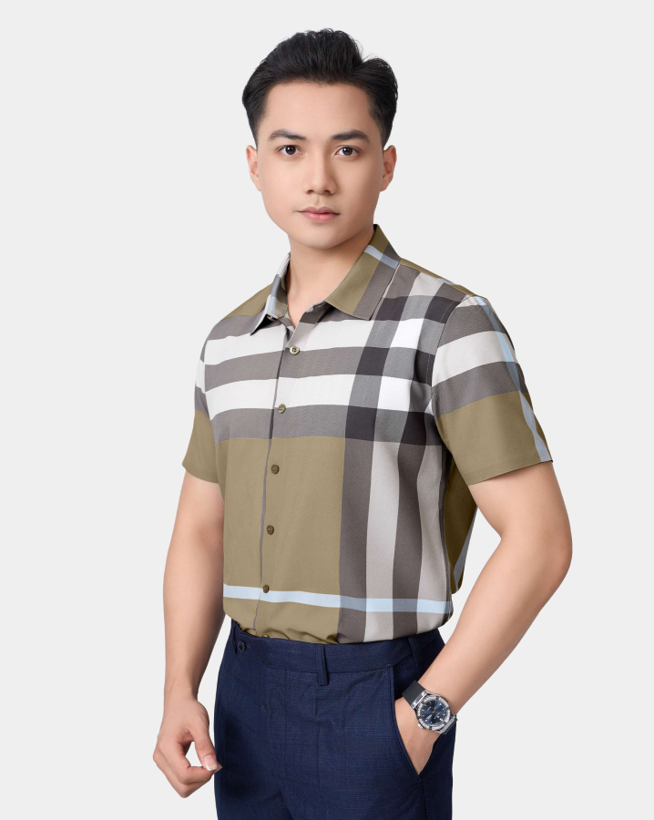 Áo Sơ Mi Ngắn Tay Nam Họa Tiết Kẻ 5021 - Nâu