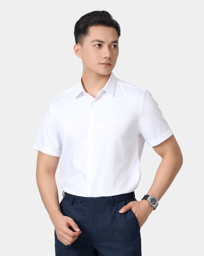 Áo Sơ Mi Ngắn Tay Nam Màu Trắng Họa Tiết Chìm 5032W